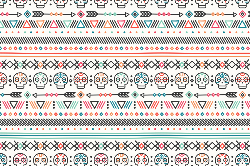 day-of-the-dead-tribal-hand-drawn-line-mexican-ethnic-seamless-pattern-border-wrapping-paper-print-doodles-tiling-handmade-native-vector-illustration-aztec-background-texture-style-skull