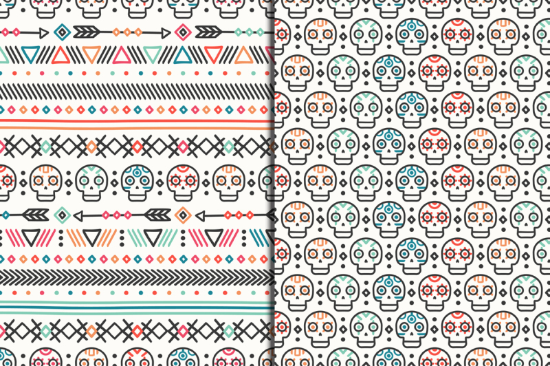 day-of-the-dead-tribal-hand-drawn-line-mexican-ethnic-seamless-pattern-native-aztec-background-style-skull