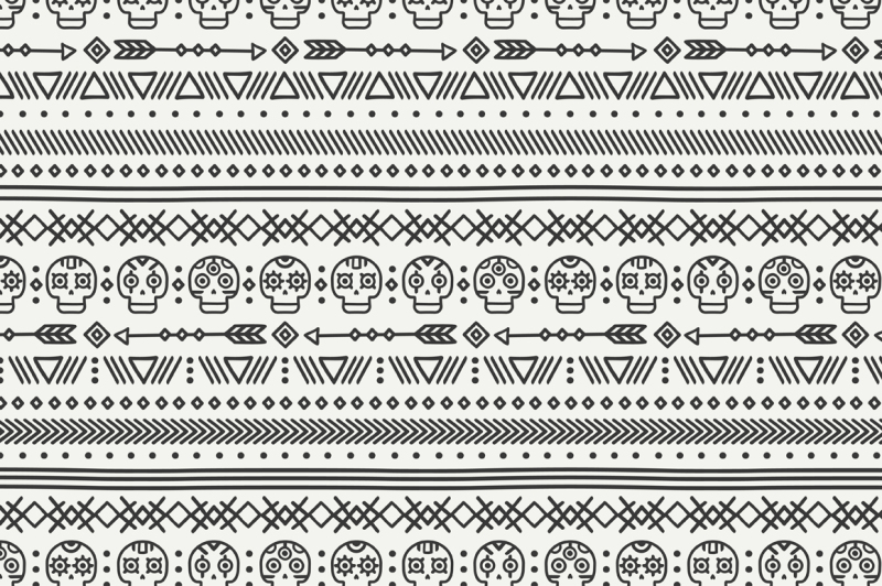 day-of-the-dead-tribal-hand-drawn-line-mexican-ethnic-seamless-pattern-native-aztec-background-style-skull