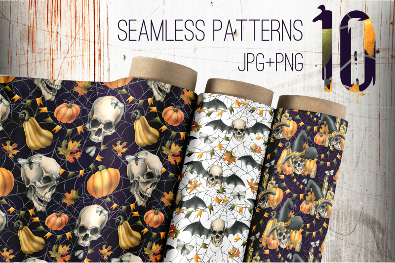 halloween-skulls-seamless-patterns