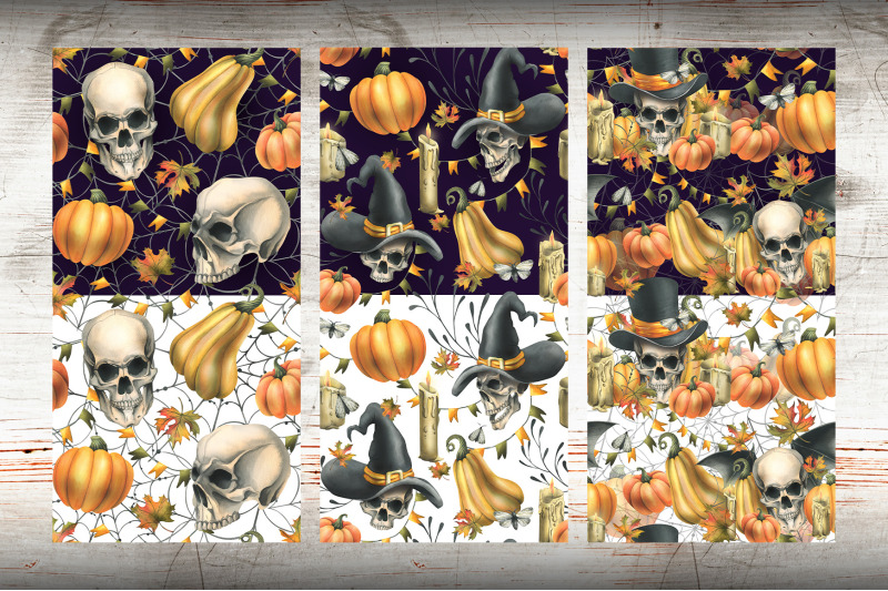 halloween-skulls-seamless-patterns