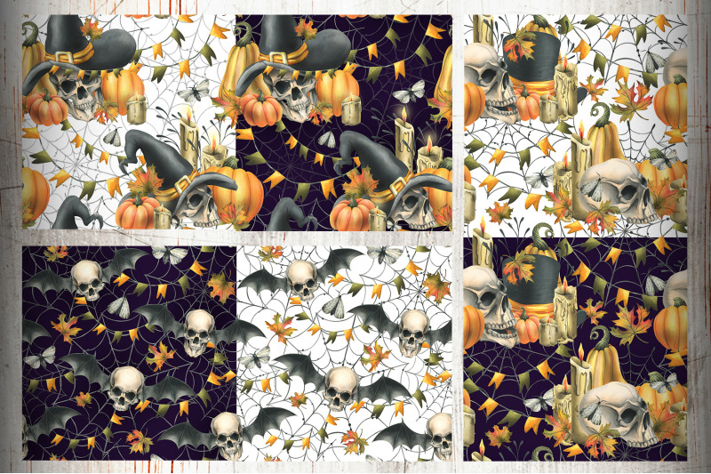 halloween-skulls-seamless-patterns