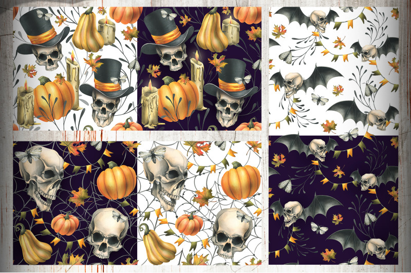 halloween-skulls-seamless-patterns