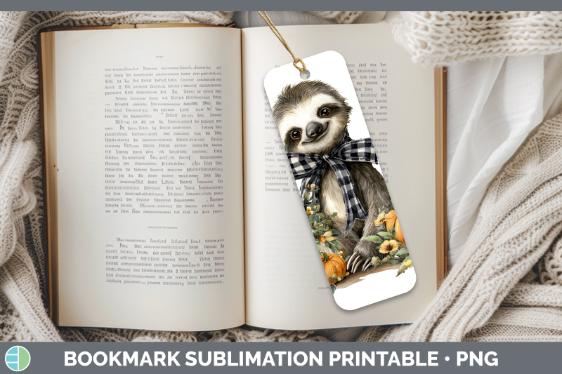 sloth-bookmark-animals-autumn-pumpkin-sublimation-printable