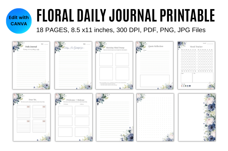 floral-daily-journal-printable-18-page-pdf-canva-template-a4-us