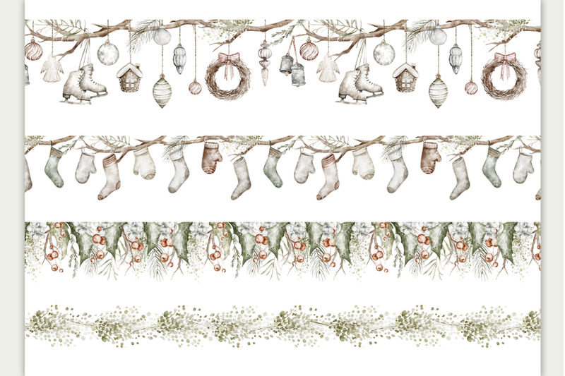 boho-christmas-watercolor-borders-scandinavian-seamless-clipart