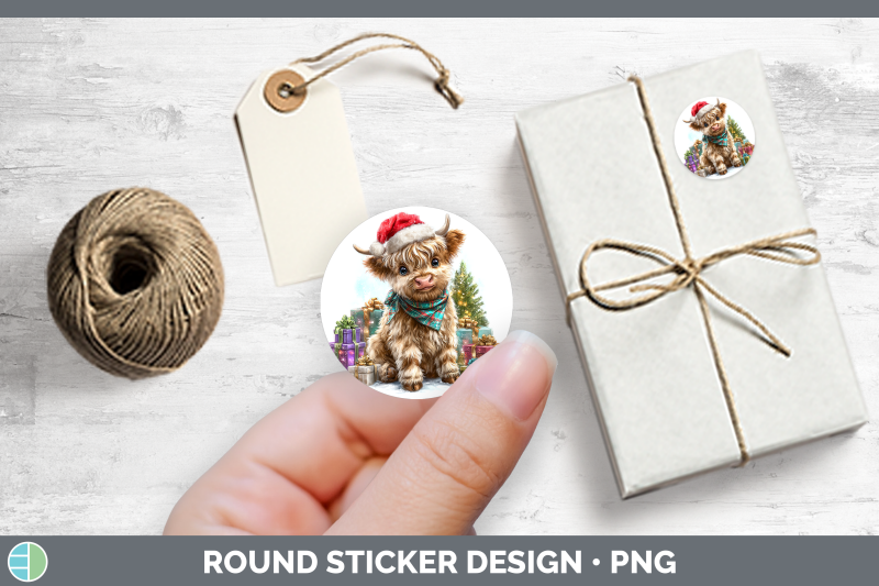 farm-christmas-santa-highland-cow-stickers-round-labels-de
