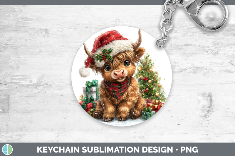 highland-cow-keychain-christmas-santa-hat-sublimation-keyrin