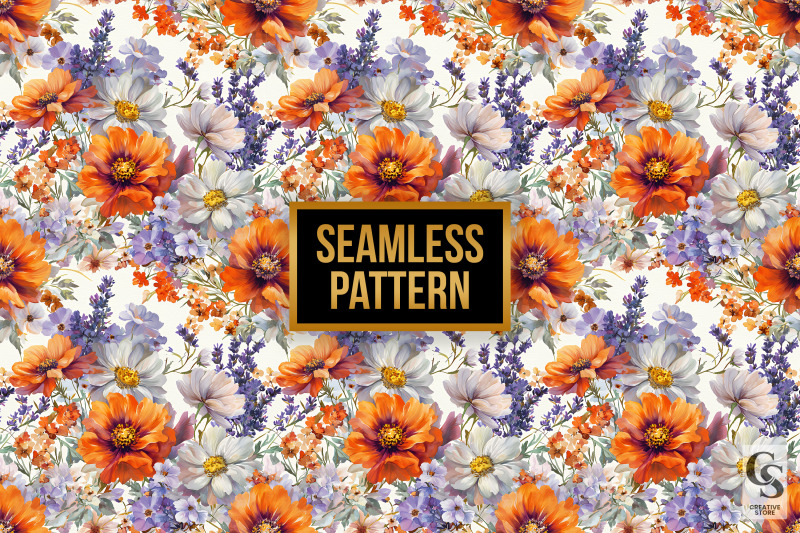 purple-orange-watercolor-floral-bouquet-seamless-patterns