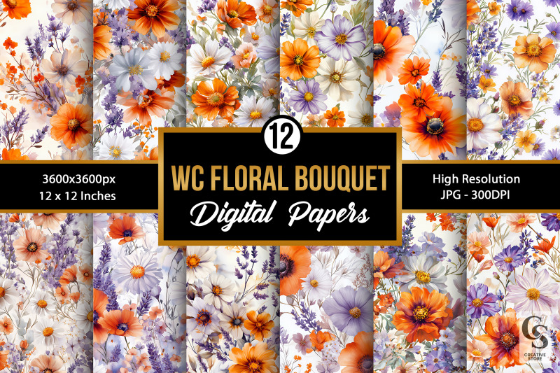 purple-orange-watercolor-floral-bouquet-seamless-patterns