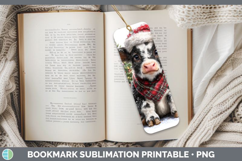cow-bookmark-christmas-santa-hat-sublimation-printable-desig
