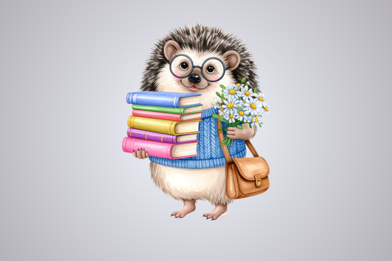 hedgehog-with-books-amp-flowers-clipart