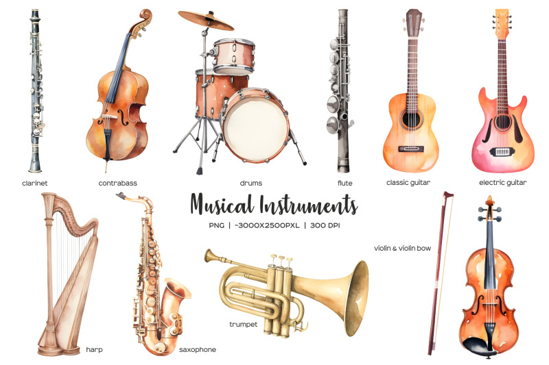 watercolor-musical-instruments-clipart-orchestra-instruments-clip-art