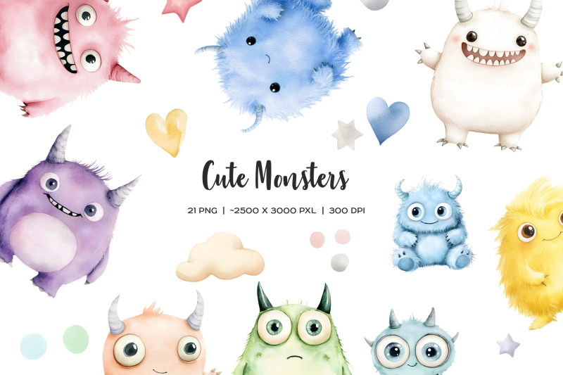 watercolor-cute-monsters-clipart-monster-birthday-set
