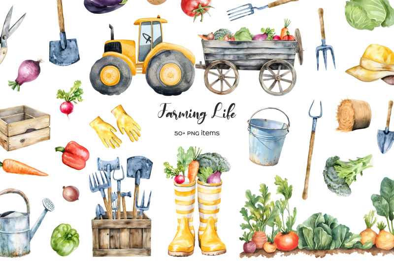 watercolor-farming-life-clipart-village-life-elements-gardening-item