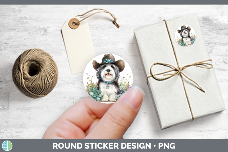 western-cowboy-dogs-old-english-sheepdog-stickers-round-la