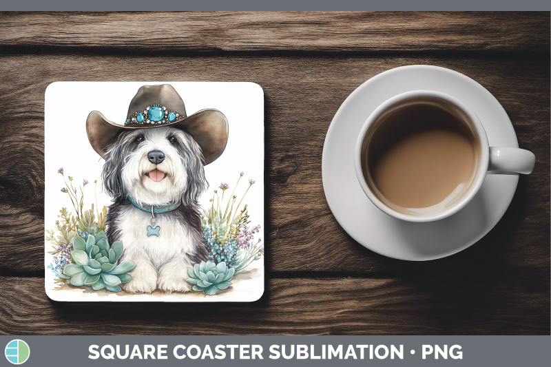 old-english-sheepdog-square-coaster-western-cowboy-dogs-subl