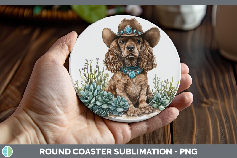cocker-spaniel-round-coaster-western-cowboy-dogs-sublimation