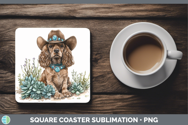 cocker-spaniel-square-coaster-western-cowboy-dogs-sublimatio