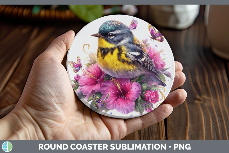 warbler-round-coaster-birds-01-floral-summer-sublimation-coa