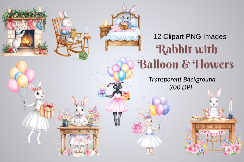 rabbit-with-balloon-amp-flowers-clipart-pack