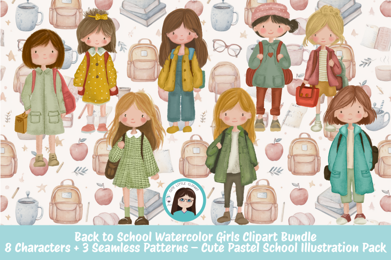back-to-school-watercolor-girls-clipart-bundle