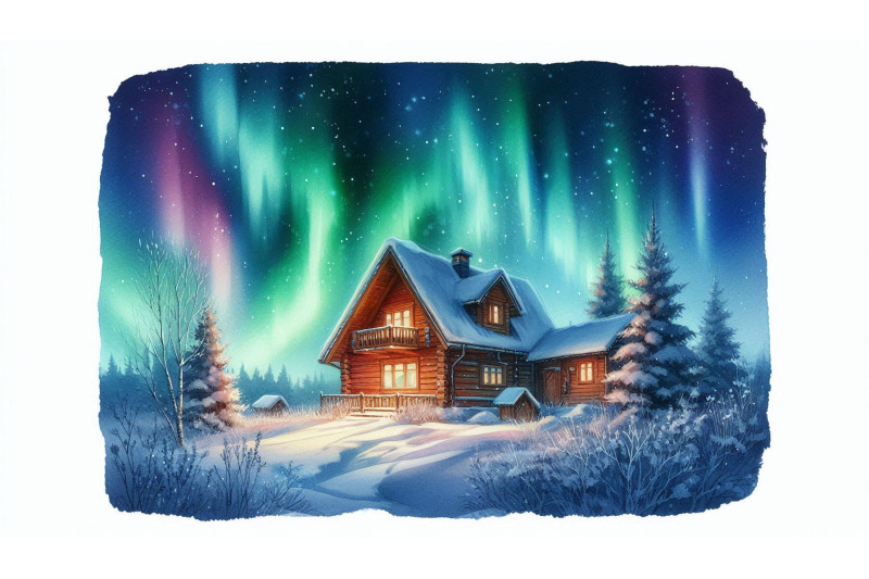 cottage-under-glowing-aurora-sky