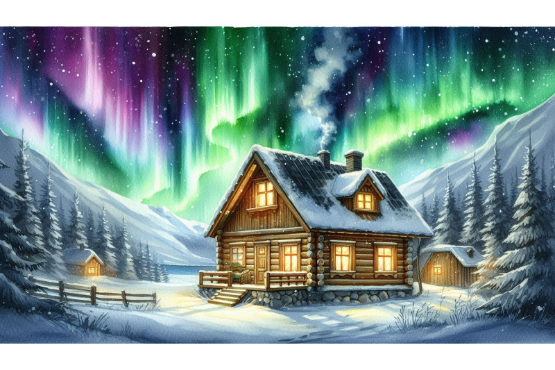 cottage-under-glowing-aurora-sky