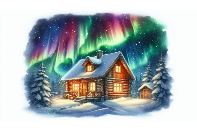 cottage-under-glowing-aurora-sky