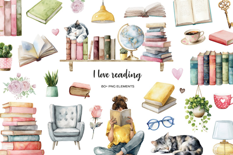 watercolor-book-lover-clipart-book-lovers-day-i-love-reading-set