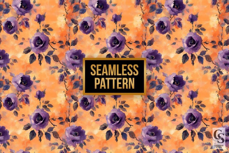 purple-orange-watercolor-roses-seamless-pattern