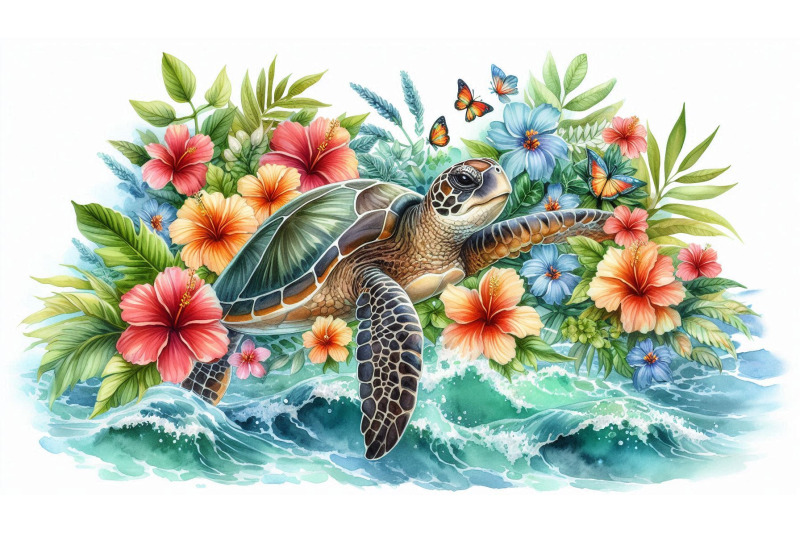 sea-turtle-and-flowers