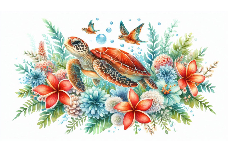 sea-turtle-and-flowers