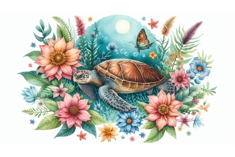 sea-turtle-and-flowers