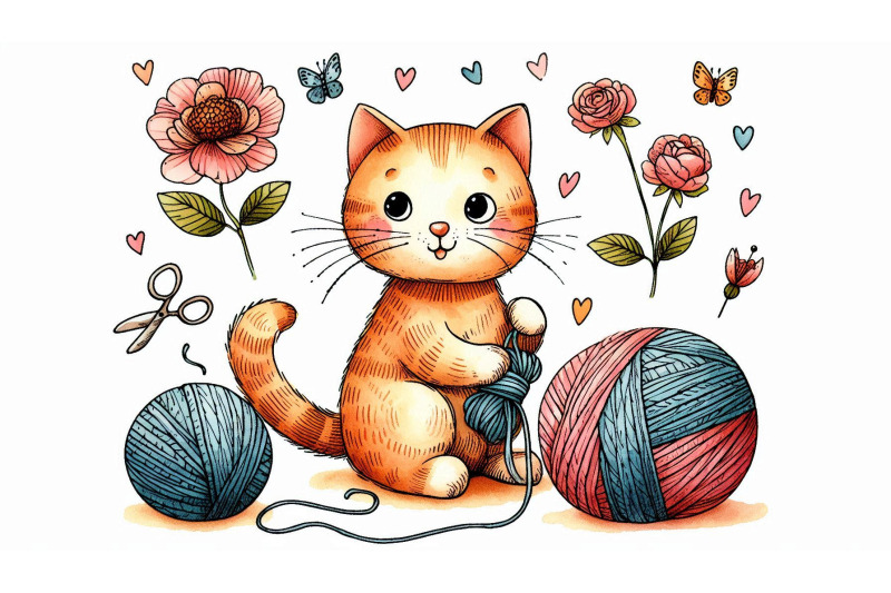 doodle-cat-playing-yarn