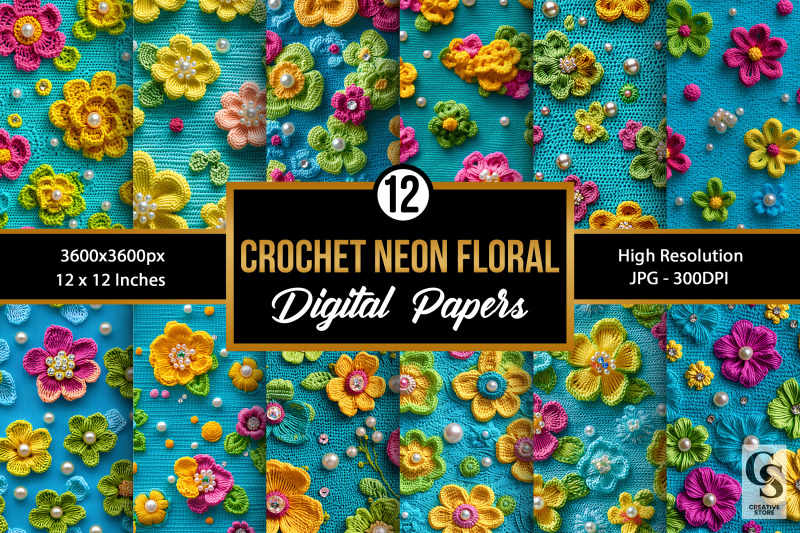 12-turquoise-neon-crochet-flowers-digital-paper