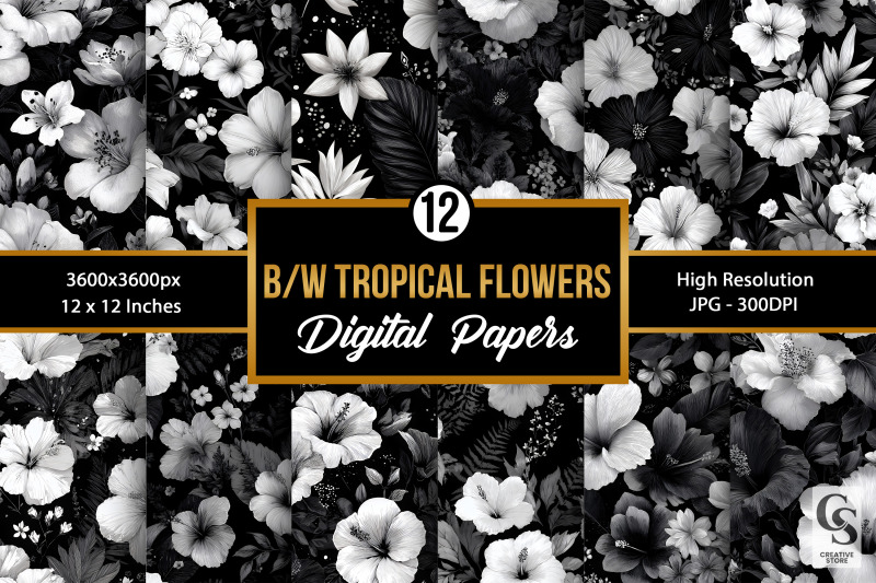 black-and-white-tropical-flowers-digital-paper