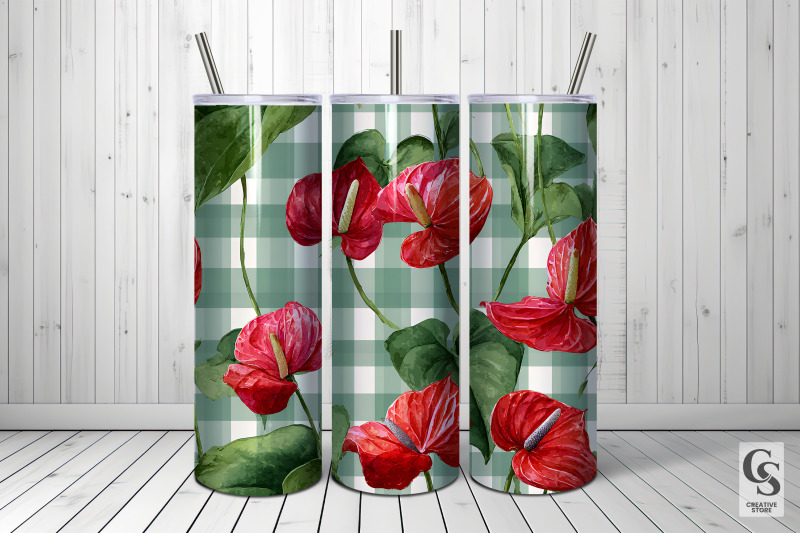 red-anthurium-flowers-plaid-digital-paper