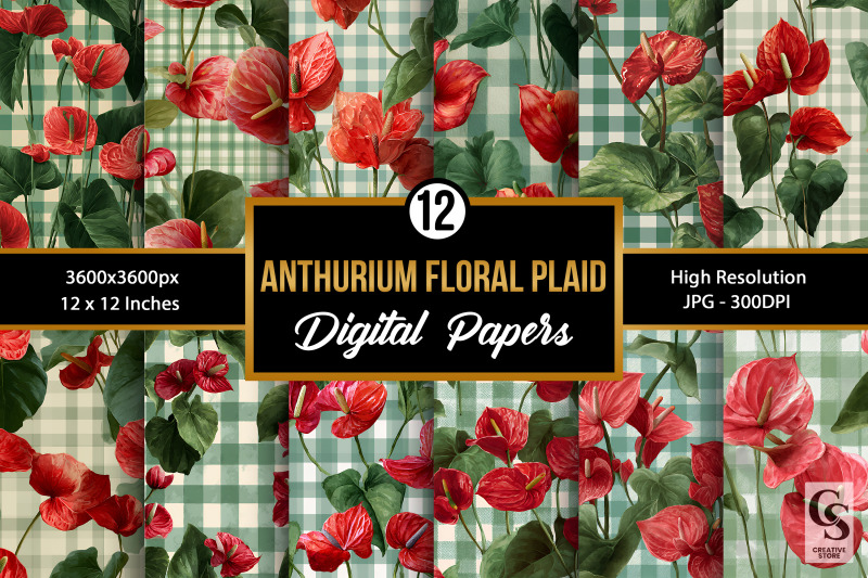 red-anthurium-flowers-plaid-digital-paper