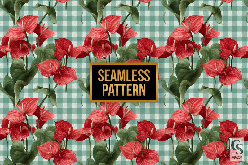 red-anthurium-flowers-plaid-digital-paper
