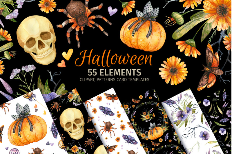 watercolor-halloween-clipart-patterns-invitation-card-templates