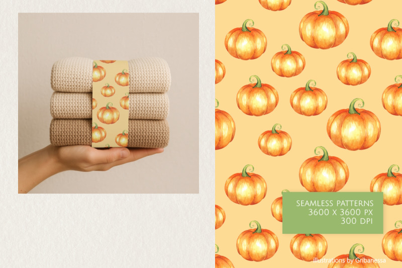 watercolor-pumpkin-seamless-pattern-set