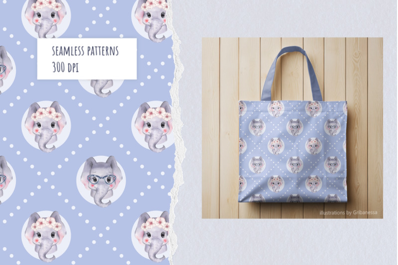 cute-baby-elephant-seamless-pattern-set