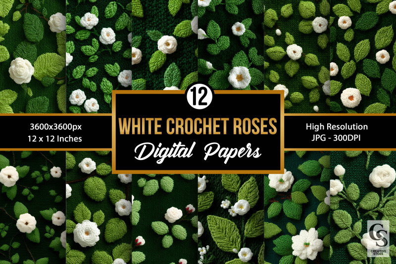 cute-green-white-crochet-flowers-digital-papers