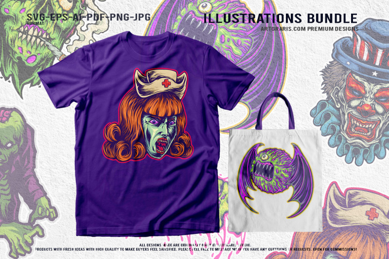spooky-bat-monster-zombie-nurse-clown-death-horror-artwork-set