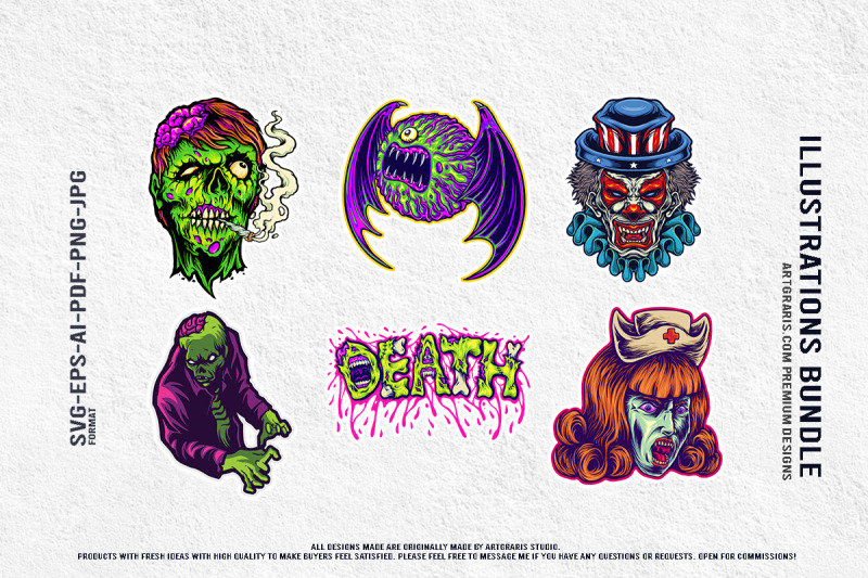 spooky-bat-monster-zombie-nurse-clown-death-horror-artwork-set