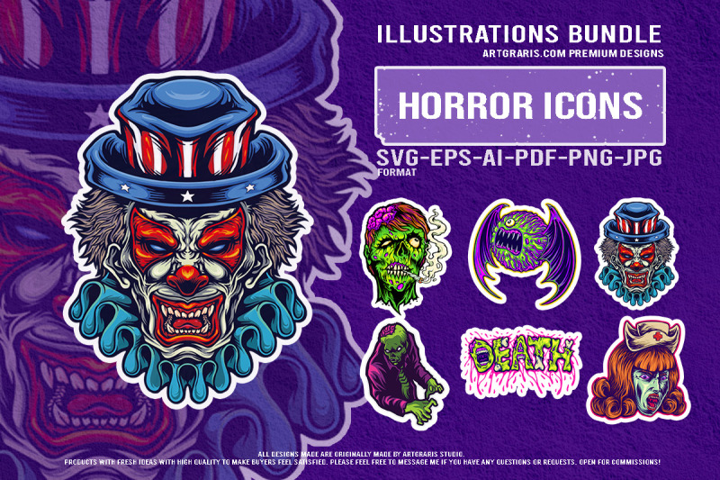 spooky-bat-monster-zombie-nurse-clown-death-horror-artwork-set