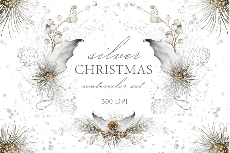silver-winter-christmas-watercolor-clipart-bundle
