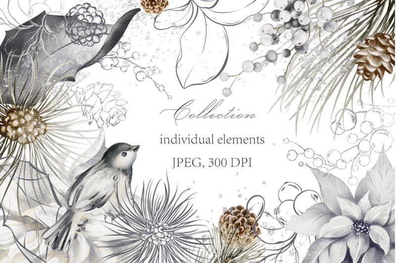 silver-winter-christmas-watercolor-clipart-bundle