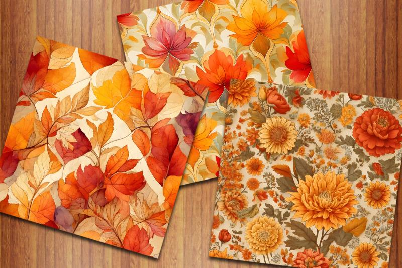orange-fall-floral-digital-papers-autumn-flowers-backgrounds